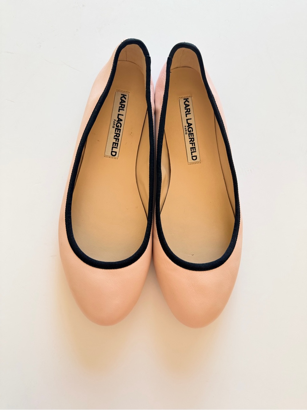 Karl Lagerfeld Leroux leather ballet flats, blush pink black trim, sz 7